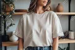 Woman wearing plain beige t shirt mockup image Product Image 1