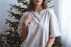 Woman wearing plain light colored t shirt mockup t-shirt Product Image 1
