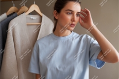 Woman wearing light blue t shirt clothing Product Image 1