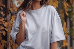 Light grey t shirt mockup with autumn foliage image Product Image 1