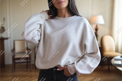 Woman wearing cream sweatshirt mockup casual Product Image 1