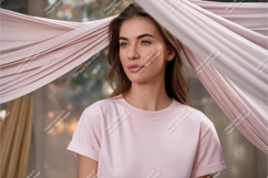 Woman wearing pink t shirt with fabric mockup image Product Image 1