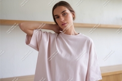 Woman wearing pink t shirt mockup Product Image 1