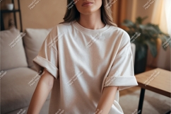 Woman wearing plain beige t shirt mockup image Product Image 1