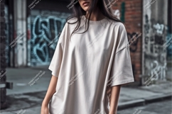 Woman wearing neutral t-shirt urban graffiti background Product Image 1