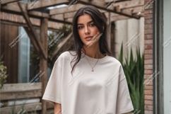 Woman wearing neutral colored t shirt mockup Product Image 1