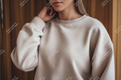 Woman wearing cream sweatshirt casual fashion Product Image 1