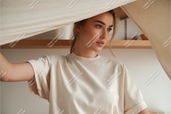 Woman wearing cream t shirt mockup Product Image 1