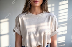Woman wearing plain cream t shirt mockup Product Image 1