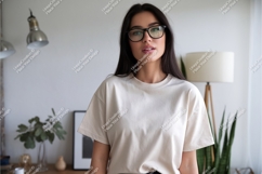 Woman wearing cream t shirt and glasses image Product Image 1