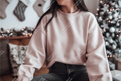 Woman wearing pink sweatshirt denim jeans Product Image 1