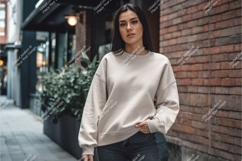 Woman wearing beige sweatshirt outdoors denim jeans Product Image 1