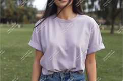 Woman wearing lavender t shirt and denim jeans outdoors Product Image 1