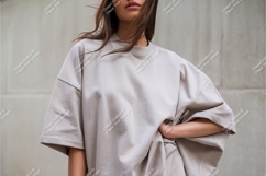 Woman wearing oversized beige t shirt image Product Image 1