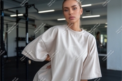 Woman wearing beige t shirt in gym image Product Image 1
