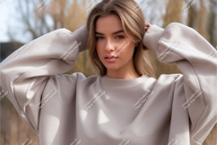 Young woman wearing neutral sweatshirt outdoors female Product Image 1
