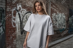Woman wearing grey t-shirt mockup urban Product Image 1