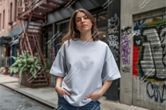 Woman wearing grey t shirt urban street image Product Image 1