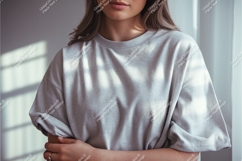 Woman wearing grey t shirt mockup Product Image 1