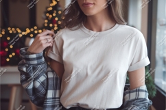 Woman wearing plain cream t shirt with plaid jacket Product Image 1