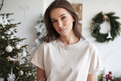 Woman wearing cream t-shirt mockup christmas Product Image 1