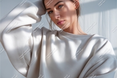 Young Woman Wearing Cream Sweatshirt Product Image 1