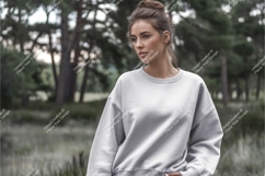 Woman wearing grey sweatshirt outdoors Product Image 1