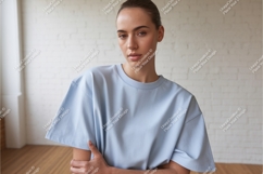 Woman wearing light blue t shirt mockup Product Image 1