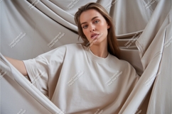 Woman wearing neutral sweatshirt draped fabric image Product Image 1
