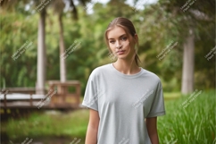 Woman wearing light grey t shirt outdoors mockup Product Image 1