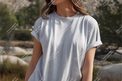 Woman wearing grey t shirt outdoors mockup Product Image 1