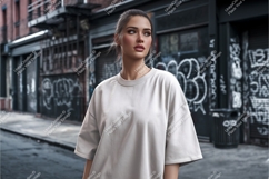 Woman wearing light grey t shirt urban street image Product Image 1
