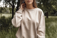 Woman wearing neutral colored sweatshirt outdoors beige Product Image 1
