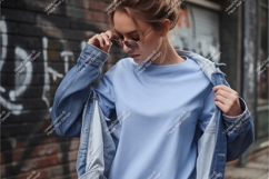 Woman wearing blue sweatshirt and denim jacket image Product Image 1
