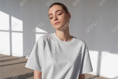 Woman wearing light grey t shirt mockup Product Image 1