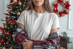 Woman wearing plain shirt with plaid jacket Product Image 1