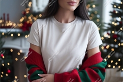 Woman wearing plain t shirt with festive background Product Image 1