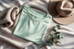 Green tshirt with hat and leaves mockup Product Image 1