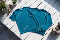 Two blue shirts on wooden deck mockup Product Image 1