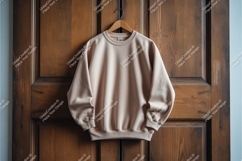 Beige sweatshirt on wood door mockup Product Image 1