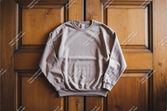 Beige sweatshirt on wood door mockup Product Image 1
