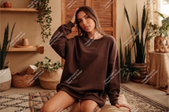 Woman in brown sweatshirt indoor mockup Product Image 1