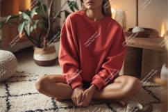 Woman in red sweatshirt mockup Product Image 1