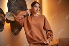 Woman in brown sweatshirt mockup Product Image 1
