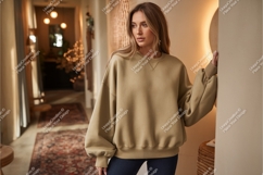 Woman in beige sweatshirt mockup Product Image 1