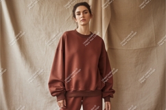 Woman poses in brown sweatshirt mockup Product Image 1