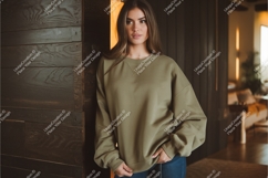 Woman in olive sweatshirt mockup Product Image 1