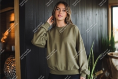 Woman in olive sweatshirt mockup Product Image 1