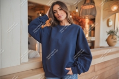 Woman in navy sweatshirt mockup Product Image 1