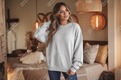 Woman in gray sweatshirt mockup Product Image 1